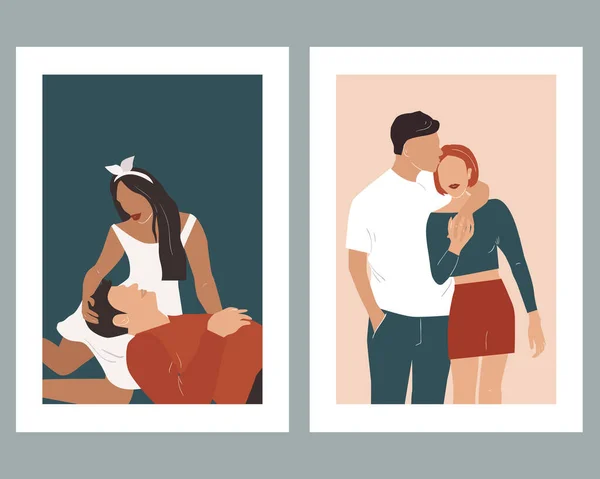 Birbirine Aşık Çiftlerin Olduğu Soyut Posterler Vektör Illüstrasyonu — Stok Vektör