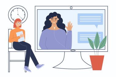 Video konferansı. İnsanlar video iletişimiyle iletişim kuruyor. Çizgi film tarzında vektör illüstrasyonu.