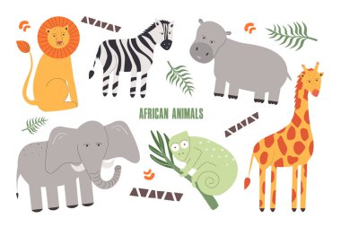 Afrika vahşi hayvan koleksiyonu. Aslan, zebra, su aygırı, fil, zürafa, bukalemun gibi. Çizgi film tarzında vektör illüstrasyonu.