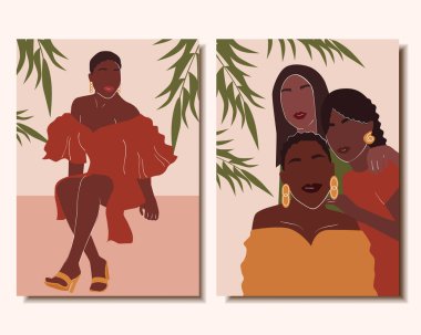 Güzel Afrikalı kadınların olduğu soyut posterler. Modern sanat. Vektör illüstrasyonu.