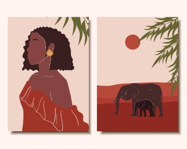 Soyut posterler seti. Minimalizm. Güzel kadın. Manzara ve filler. Vektör illüstrasyonu.