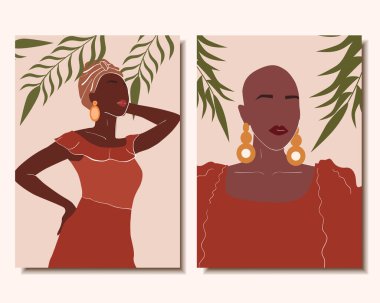 Afrikalı kadınların olduğu modaya uygun posterler. Modern sanat. Vektör illüstrasyonu.