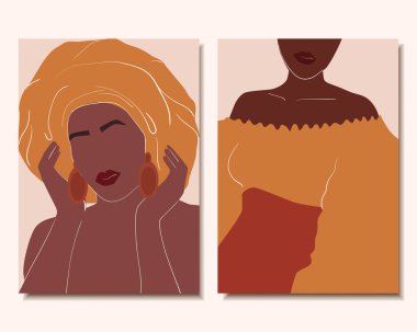 Bir dizi minimalist soyut poster. Güzel Afrikalı kadınlar. Vektör illüstrasyonu.