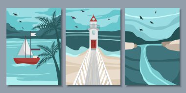 Deniz manzaralı posterler. Modern sanat. Vektör illüstrasyonu.