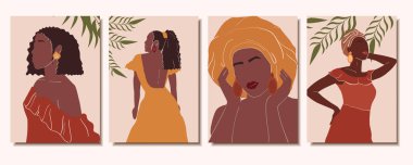 Afrikalı kadınların olduğu soyut afişlerin koleksiyonu. Modern sanat. Vektör illüstrasyonu.