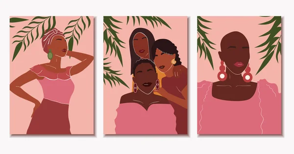 İçinde güzel Afrikalı kadınlar olan posterler. Modern sanat. Vektör illüstrasyonu.