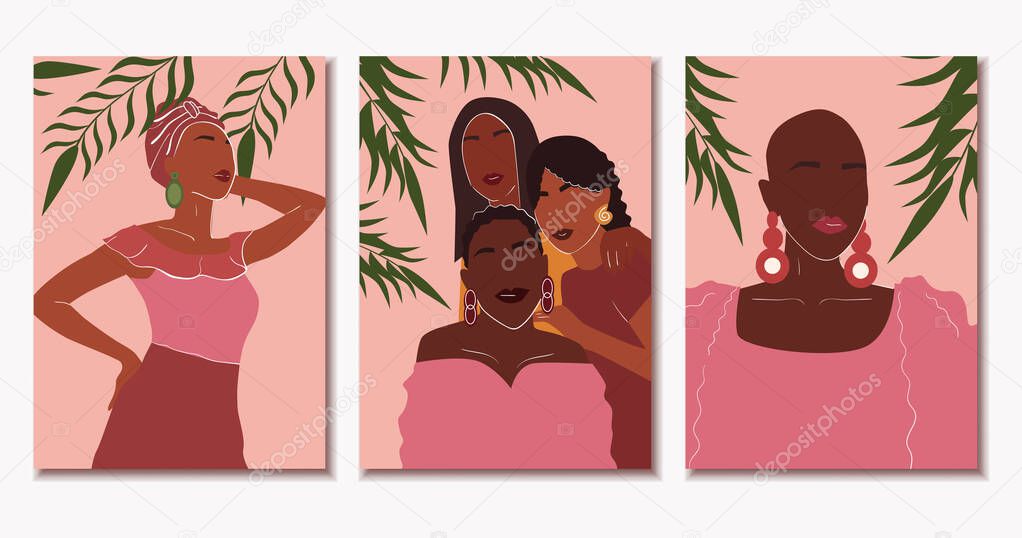 Set of posters with beautiful African women. Modern Art. Vector illustration.