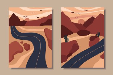 Manzaralı bir takım soyut posterler. Gün batımı, yol, dağlar. Vektör illüstrasyonu.
