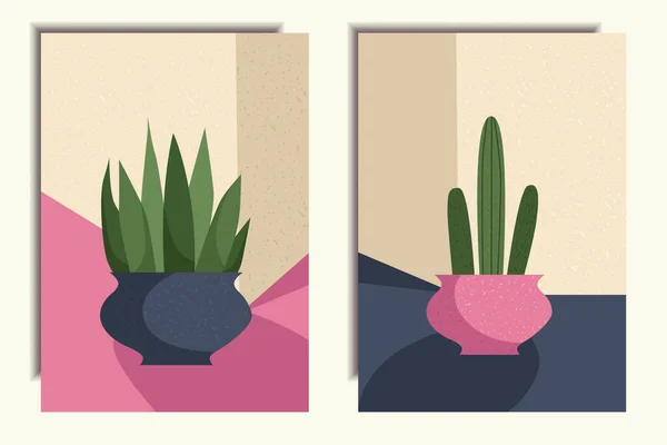 Una Serie Manifesti Con Piante Cactus Una Pentola Sakulent Una — Vettoriale Stock