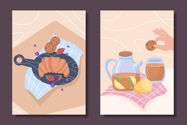 Conjunto Cartazes Bonitos Com Vida Tranquila Para Interior Croissant Chá — Vetor de Stock