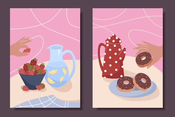 Coleção Pôsteres Bonitos Com Vida Tranquila Chá Café Pastelaria Donuts — Vetor de Stock