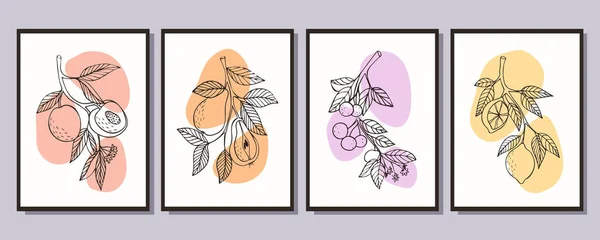 Minimalist meyve posterleri koleksiyonu. Şeftalili şube. Armutlu dal. Kirazlı şube. Limonlu şube. Parlak aksanlı vektör illüstrasyonu.