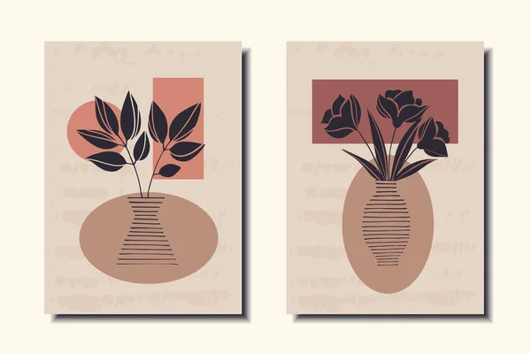 Набор Плакатов Растениями Вазой Современное Искусство Векторная Иллюстрация — стоковый вектор