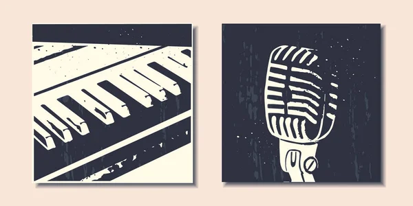 Conjunto Carteles Modernos Con Instrumentos Musicales Abstractos Piano Micrófono Ilustración — Vector de stock