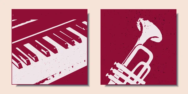 Conjunto Carteles Coloridos Con Instrumentos Musicales Como Piano Saxofón Arte — Vector de stock