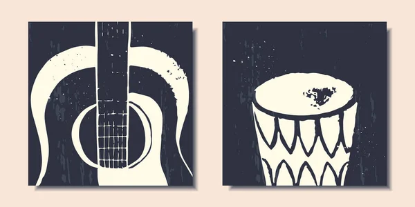 Conjunto Carteles Instrumentos Musicales Guitarra Tambor Abstracción Ilustración Vectorial — Vector de stock