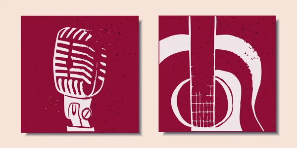 Conjunto Carteles Abstractos Micrófono Guitarra Ilustración Vectorial — Vector de stock