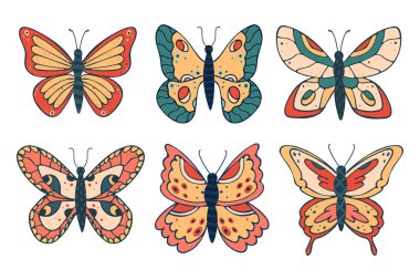 Farklı güzel kelebeklerin koleksiyonu. Vektör illüstrasyonu beyaz arkaplanda izole edildi.