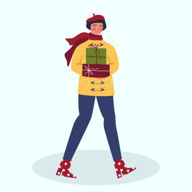 Yeni yıl konsepti. Yeni yıl hediyeli bir kadın. Vektör illüstrasyonu.