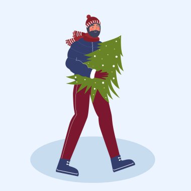 Noel konsepti. Adam ağacı eve taşıyor. Çizgi film tarzında vektör illüstrasyonu.