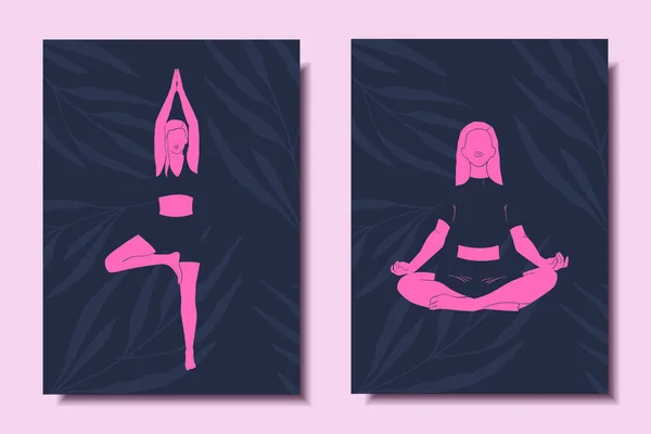 Conjunto Carteles Luminosos Con Pose Mujer Yoga Ilustración Vectorial — Archivo Imágenes Vectoriales