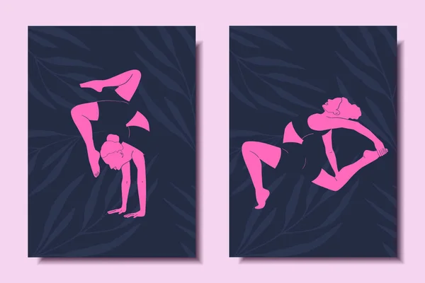 Conjunto Carteles Brillantes Con Mujeres Abstractas Haciendo Yoga Arte Moderno — Archivo Imágenes Vectoriales
