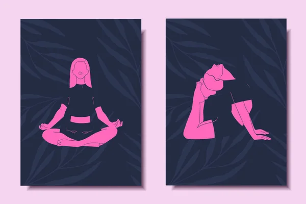 Yoga Posa Conjunto Carteles Con Mujeres Ilustración Vectorial — Archivo Imágenes Vectoriales
