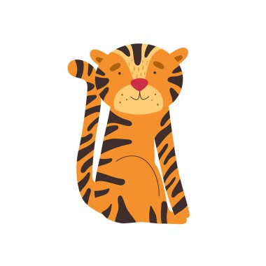 Beyaz arka planda şirin bir kaplan. Çizgi film tarzında vektör illüstrasyonu.