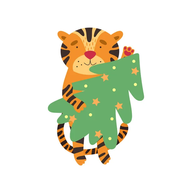 Lindo Tigre Con Árbol Navidad Ilustración Vectorial Estilo Dibujos Animados — Archivo Imágenes Vectoriales