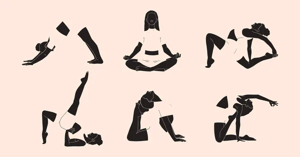 Colección Mujeres Minimalistas Diferentes Posturas Yoga Abstracción Ilustración Vectorial — Archivo Imágenes Vectoriales