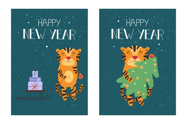 Salutation Des Cartes Noël Avec Des Tigres Tigre Avec Sapin — Image vectorielle