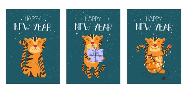Collection Cartes Noël Avec Des Tigres Mignons Illustration Vectorielle — Image vectorielle