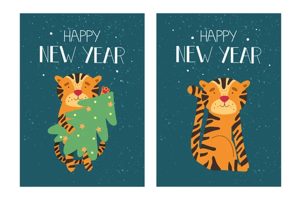 Ensemble Cartes Vœux Joyeux Noël Tigre Avec Sapin Noël Illustration — Image vectorielle