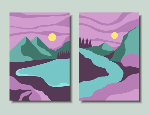 Conjunto Cartazes Abstratos Com Uma Paisagem Arte Moderna Ilustração Vetorial — Vetor de Stock