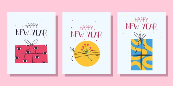 Ensemble Cartes Nouvel Avec Des Cadeaux Illustration Vectorielle Dans Style — Image vectorielle