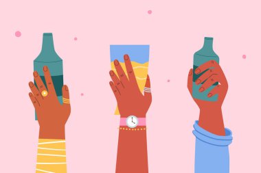 Ellerinde bira şişeleri ve bir bardak bira var. Vektör illüstrasyonu.