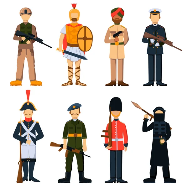 Στρατιωτικοί στρατιώτες με ομοιόμορφο χαρακτήρα avatar που απομονώνεται απεικόνιση φορέα. — Διανυσματικό Αρχείο