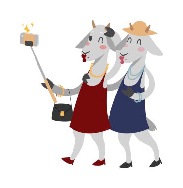 Goat girls couple friends vector portrait illustration on white background