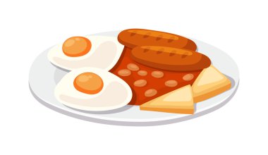 Omlet ve tost ile kahvaltı, sosis beyaz arka plan vektör izole.