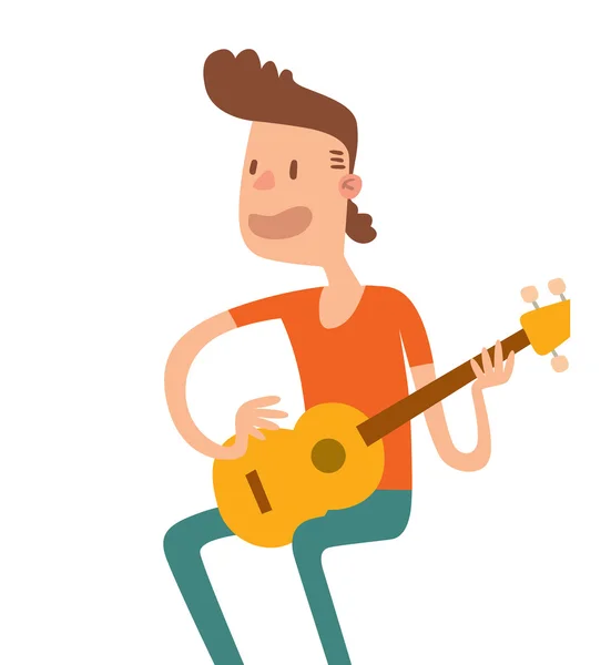 Acoustic guitar boy sitting and play flat illustration. — Stock Vector