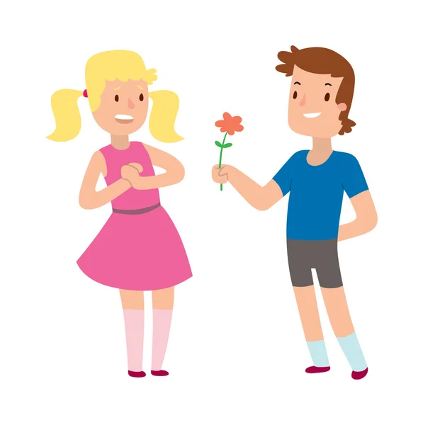 Desenhos animados romântico, menino e menina dando uma flor para o amor e romance conceito vetor ilustração . —  Vetores de Stock