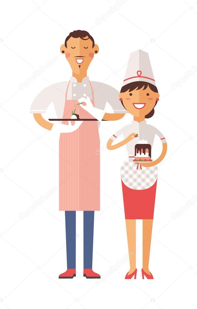 Smiling confectioners holding plate with cake.