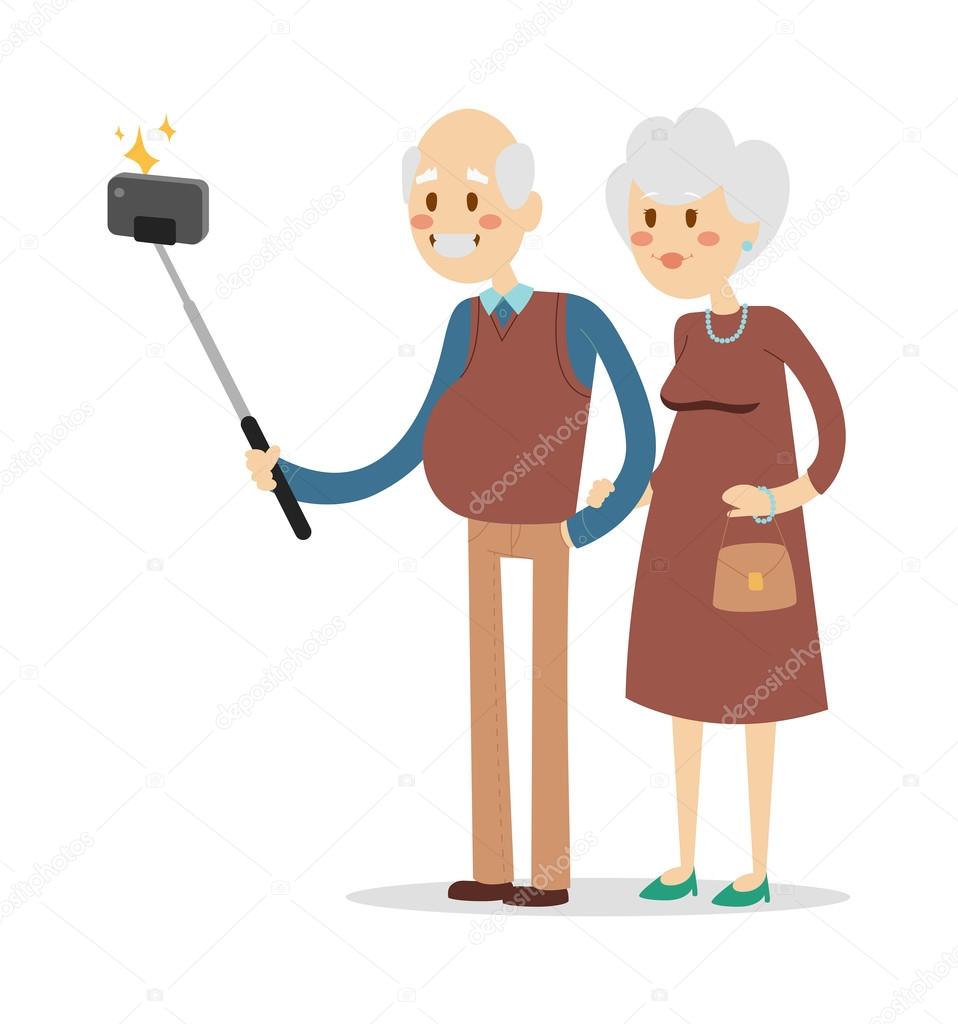 Selfie photo shot grandpa and grandma vector portrait illustration