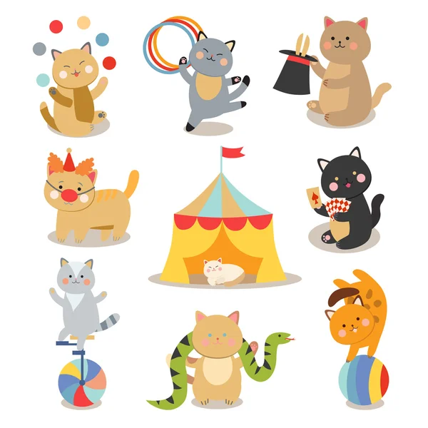 Conjunto de circo alegre jugando gatos vector ilustración . — Vector de stock