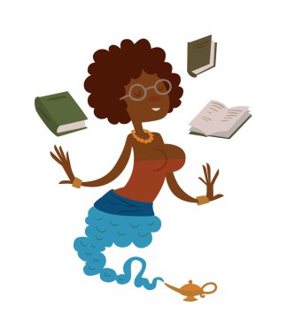 Vektör Karikatür beyaz bir arka plan üzerinde sihirli lamba dan güzel öğretmen cin.