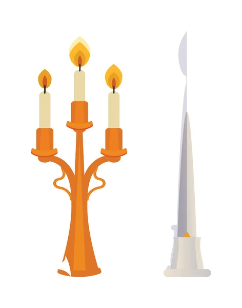 Bougeoirs rétro avec bougies vecteur plat isolé sur blanc . — Image vectorielle