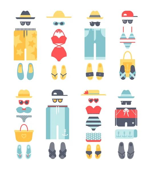 Beachwear diferentes iconos de verano vector plano, ropa de playa de tela de moda se ve . — Vector de stock