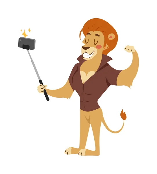 Selfie foto disparo león joven poder hombre fuerte ilustración sobre fondo blanco — Archivo Imágenes Vectoriales