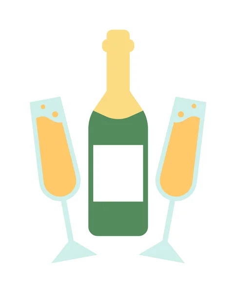Champagne bottle and glasses flat vector illustration. — Stock Vector