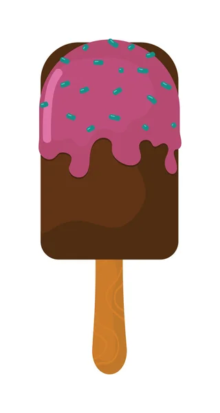 Crème glacée molle au chocolat sur bâton de bois avec glaçage rose et saupoudrer vecteur . — Image vectorielle